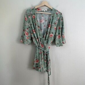 Loft Womens Plus 24‎ Floral Wrap Top Green Pink Short Sleeve Blouse Shirt